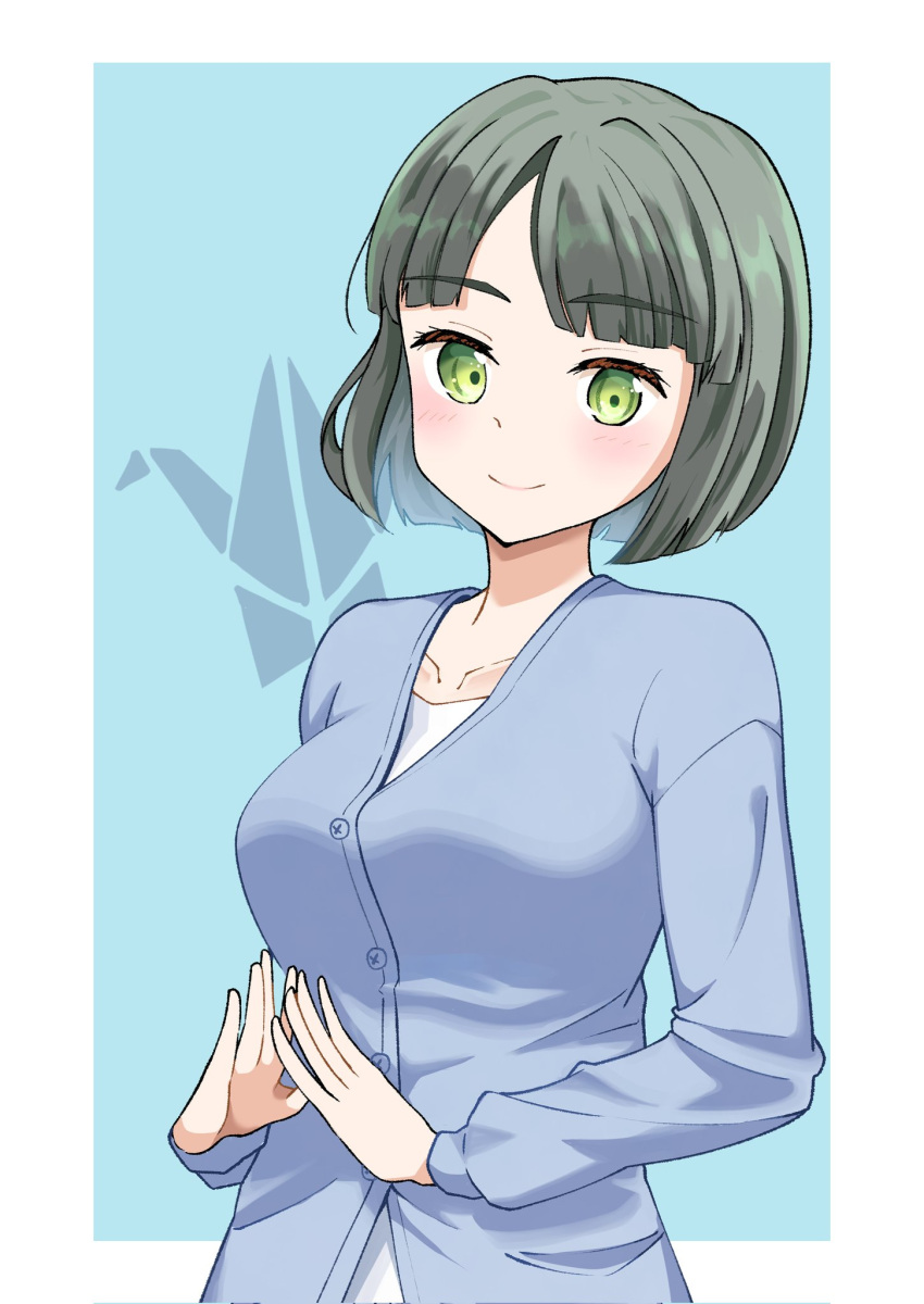1girl blue_background blue_cardigan blunt_bangs blunt_ends blush border breasts cardigan closed_mouth collarbone commentary_request corocoro567 green_eyes green_hair highres link!_like!_love_live! logo long_sleeves looking_at_viewer love_live! medium_breasts momose_ginko outside_border shirt short_hair sleepwear smile solo upper_body virtual_youtuber white_border white_shirt