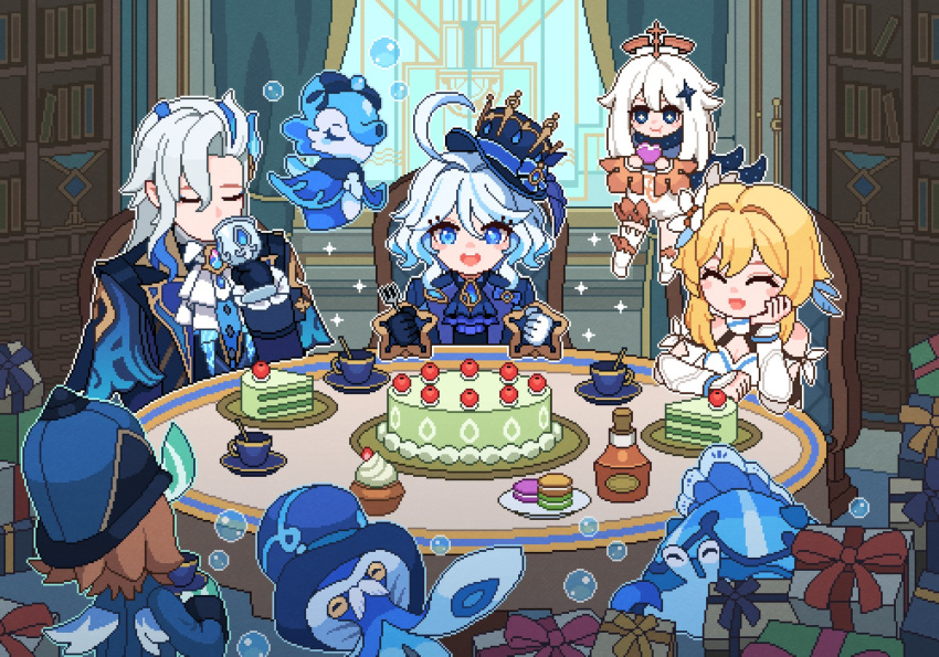 1boy 4girls :d :t ^_^ ahoge ascot asymmetrical_bangs asymmetrical_gloves black_eyes black_gloves blonde_hair blue_ascot blue_bow blue_coat blue_eyes blue_hair blue_hat blue_jacket blush blush_stickers book bookshelf boots bottle bow box bright_pupils brooch brown_hair bubble cake cake_slice chair chalice closed_eyes closed_mouth coat commentary cup cupcake curtains dress drinking eating elbow_rest english_commentary eyelashes feather_hair_ornament feathers flower flying food fork frilled_sleeves frills furina_(genshin_impact) genshin_impact gentilhomme_usher gift gift_box gloves gold_trim hair_between_eyes hair_flower hair_intakes hair_ornament halo hand_up hat hat_bow head_rest heterochromia highres holding holding_cup holding_food holding_fork indoors jacket jewelry lapels long_hair long_sleeves looking_at_viewer lumine_(genshin_impact) macaron mademoiselle_crabaletta medium_hair melusine_(genshin_impact) mismatched_gloves multicolored_hair multiple_girls neuvillette_(genshin_impact) on_chair open_mouth paimon_(genshin_impact) parted_bangs pixel_art plate pointy_ears ppyok_1017 romper round_table saucer sedene_(genshin_impact) short_hair short_hair_with_long_locks sidelocks single_thighhigh sitting sleeve_cuffs sleeveless sleeveless_dress smile sparkle star_(symbol) star_hair_ornament streaked_hair surintendante_chevalmarin swept_bangs table teacup teeth thigh-highs tilted_headwear top_hat tray u_u upper_teeth_only vambraces white_ascot white_dress white_flower white_footwear white_gloves white_hair white_pupils white_romper white_thighhighs window