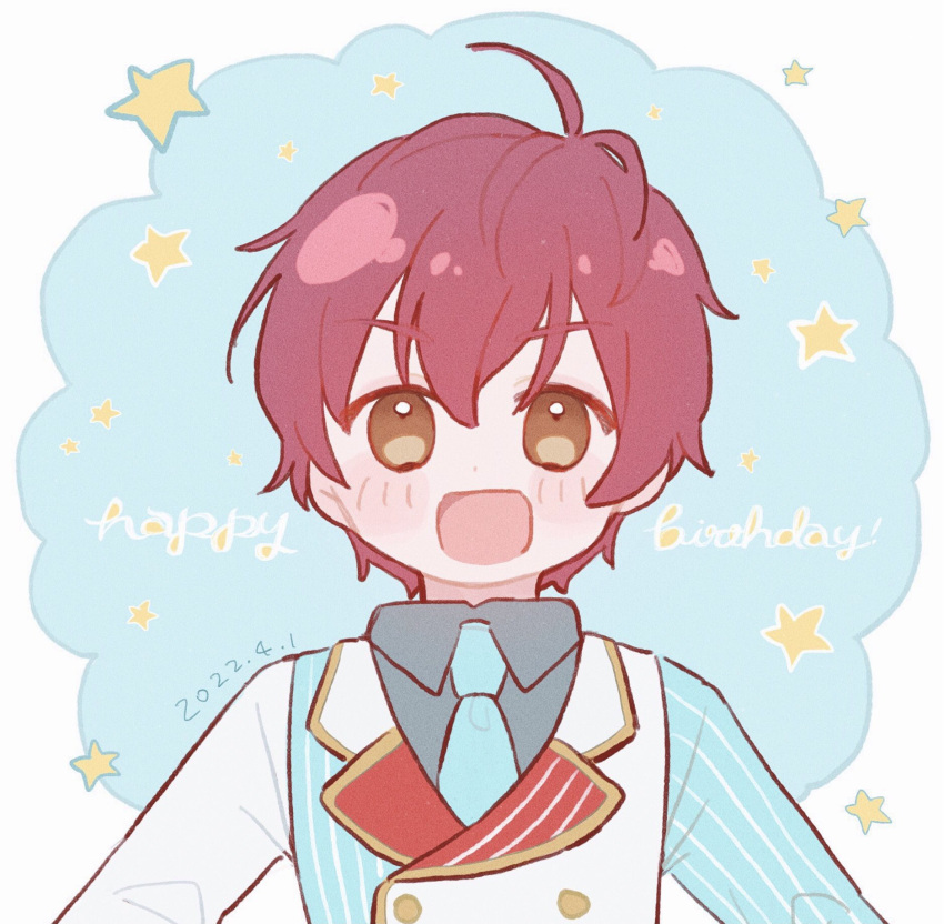 1boy :d ahoge blue_necktie brown_eyes collared_shirt commentary_request dated grey_shirt hair_between_eyes happy_birthday highres ikebukuro_ace jacket king_of_prism long_sleeves looking_at_viewer male_focus necktie open_mouth poro_(pweedro) pretty_rhythm pretty_series redhead shirt short_hair smile solo star_(symbol) white_jacket