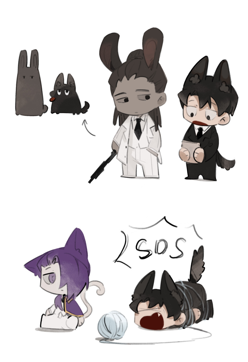 3boys absurdres animal_ears animalization astolfo_(project_moon) beeeeeebird black_eyes brown_hair cat_ears cat_tail chibi closed_eyes coat dark-skinned_male dark_skin dog dog_ears dog_tail fang hair_over_one_eye high_ponytail highres library_of_ruina long_hair long_sleeves looking_to_the_side multiple_boys olivier_(project_moon) open_mouth pants project_moon purple_hair rabbit rabbit_ears roland_(project_moon) tail vest violet_eyes white_coat white_pants white_vest