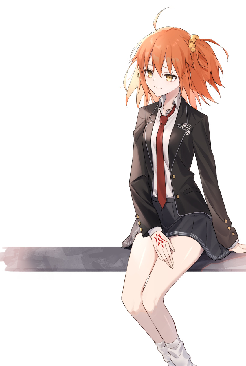 1girl ahoge black_jacket black_skirt buttons closed_mouth collared_shirt command_spell commentary_request fate/grand_order fate_(series) fujimaru_ritsuka_(female) hair_between_eyes hair_ornament hair_scrunchie highres jacket long_sleeves necktie official_alternate_costume open_clothes open_jacket orange_hair pleated_skirt pttyr red_necktie sad school_uniform scrunchie shirt short_hair simple_background sitting skirt socks solo spoilers uniform white_background white_shirt white_socks yellow_scrunchie