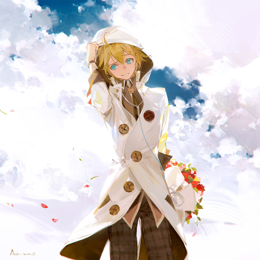 1boy a-shacho ahoge black_bracelet blonde_hair blue_eyes blue_sky bouquet brown_pants brown_shirt buttons chinese_commentary clouds cloudy_sky coat collared_shirt commentary_request cowboy_shot dated day flower grin hand_on_headwear high_collar highres holding holding_behind_back holding_bouquet hood hood_up hooded_coat kagamine_len leaf long_sleeves looking_at_viewer male_focus outdoors pants petals plaid plaid_pants raised_eyebrow red_flower red_rose rose shirt short_hair signature sky smile solo vocaloid white_coat white_hood white_sleeves