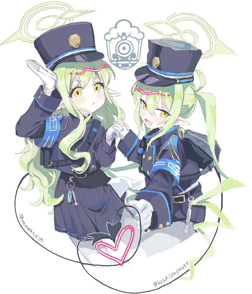 2girls absurdres black_hat black_shirt black_skirt black_tail blue_archive blush closed_mouth demon_tail fang gloves green_hair hat heart highlander_sidelocks_conductor_(blue_archive) highlander_twintails_conductor_(blue_archive) highres keshipapaver long_hair long_sleeves multiple_girls open_mouth pantyhose peaked_cap pleated_skirt pointy_ears shirt sidelocks simple_background skin_fang skirt smile tail twintails twitter_username white_background white_gloves white_pantyhose yellow_eyes
