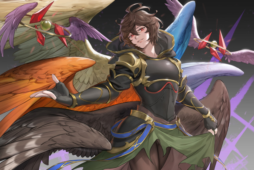 1boy ahoge armor belt bishounen black_background blue_wings breastplate brown_hair brown_wings cape cape_lift clothes_lift commentary_request cowboy_shot crystal empty_eyes english_commentary evil_smile feathered_wings gloves granblue_fantasy green_cape hair_between_eyes highres hood hood_down looking_at_viewer magic male_focus messy_hair mixed-language_commentary outstretched_hand parted_lips purple_wings red_eyes red_wings sandalphon_(granblue_fantasy) short_hair smile solo tki wings yellow_wings