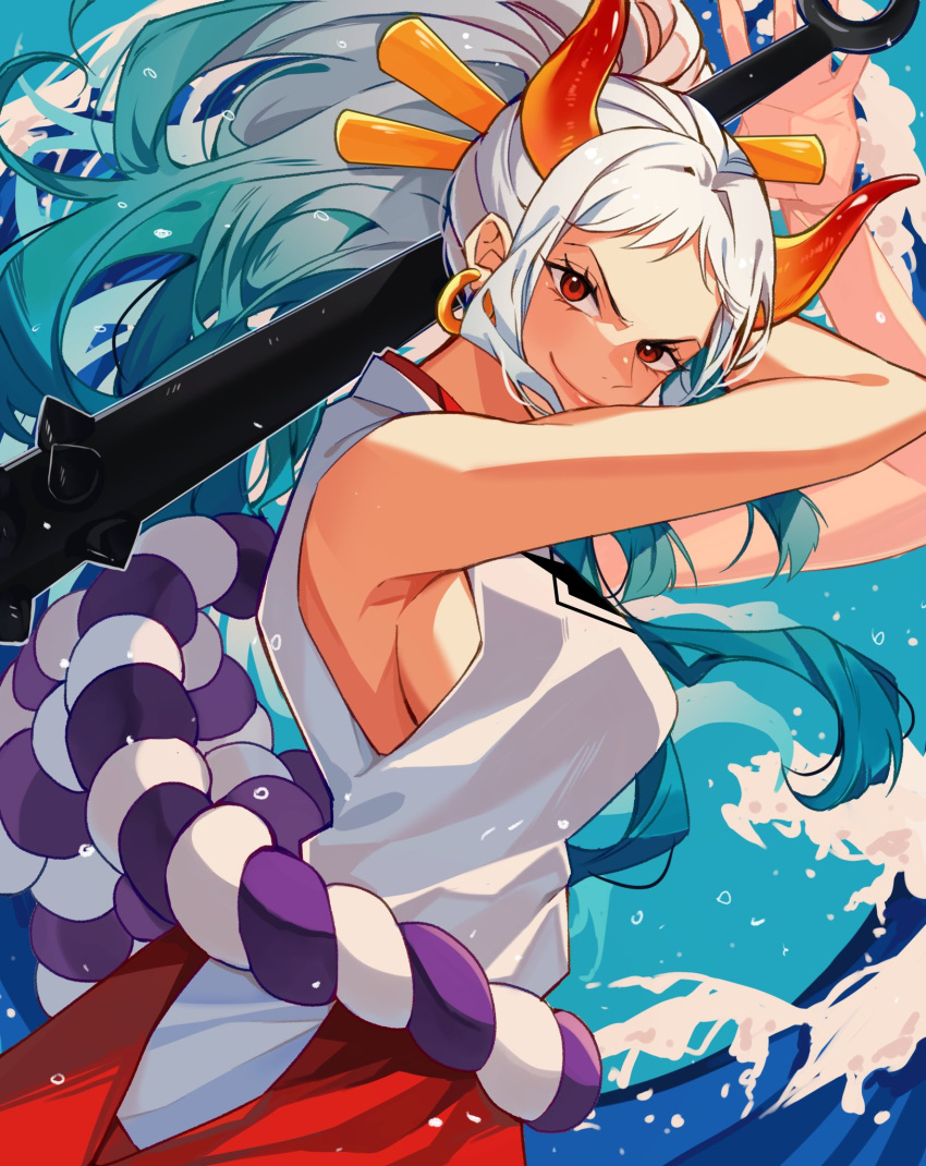 1girl aqua_hair club_(weapon) commentary_request cowboy_shot earrings eyelashes hair_ornament hakama highres holding holding_weapon horns japanese_clothes jewelry kanabou kimono kurage20001 looking_at_viewer multicolored_hair one_piece ponytail red_hakama red_horns rope shimenawa sidelocks sleeveless sleeveless_kimono smile solo water weapon white_hair white_kimono yamato_(one_piece)