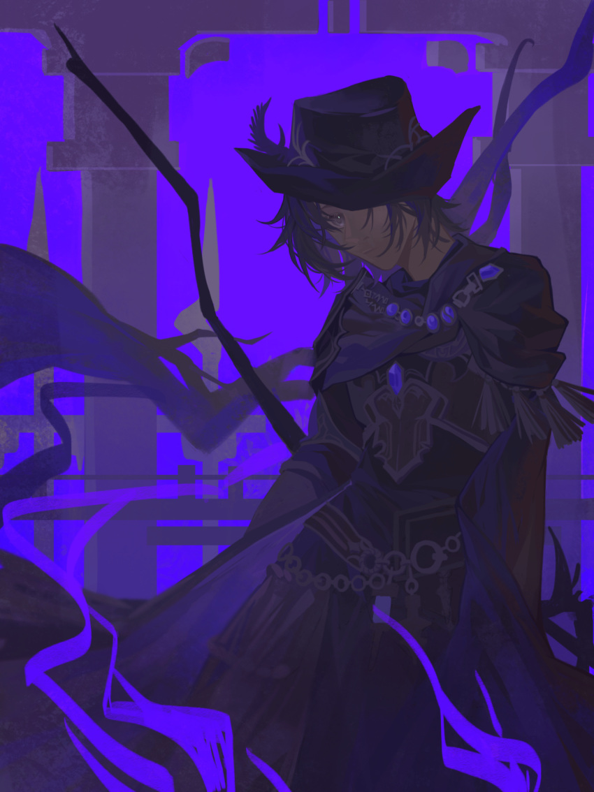 1girl androgynous armor belt black_cape black_hair black_hat branch breastplate cape chinese_commentary commentary_request cowboy_shot final_fantasy final_fantasy_xiv fringe_trim gem grey_eyes hat_feather hat_over_one_eye highres jing_kagami looking_at_viewer o-ring o-ring_belt one_eye_covered pillar purple_gemstone purple_sky reaper_(final_fantasy) short_hair sky solo standing zero_(ff14)