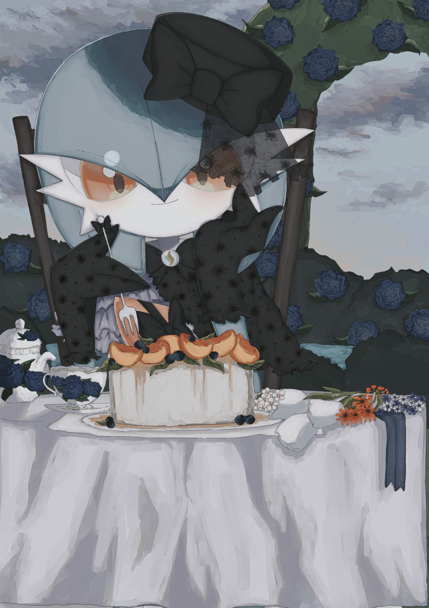 1girl alternate_color arch black_bow black_bowtie black_gloves black_hat blue_flower blue_hair blue_rose blue_skin blueberry blush bob_cut bow bowtie bush cake closed_mouth clothed_pokemon clouds cloudy_sky colored_skin commentary_request cup english_commentary flower food fork fruit gardevoir gloves grey_sky hair_between_eyes hand_on_own_cheek hand_on_own_face hands_up happy hat hat_bow head_rest highres holding holding_fork light_blush looking_at_viewer mega_stone mixed-language_commentary multicolored_skin muted_color on_chair orange_(fruit) orange_eyes orange_slice outdoors partial_commentary pillbox_hat plate pokemon pokemon_(creature) red_flower rose saucer shicha_(yagu) shiny_pokemon short_hair sitting sky smile solo straight-on table teacup teapot tilted_headwear tulip two-tone_skin upper_body white_flower white_skin white_tulip