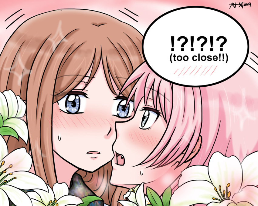 2girls athyra bang_dream! bang_dream!_it's_mygo!!!!! blue_eyes blush brown_hair chihaya_anon commentary dated english_text eye_contact fang flower grey_eyes lily_(flower) long_hair looking_at_another multiple_girls nagasaki_soyo open_mouth parted_lips pink_hair sidelocks sweatdrop symbol-only_commentary yuri