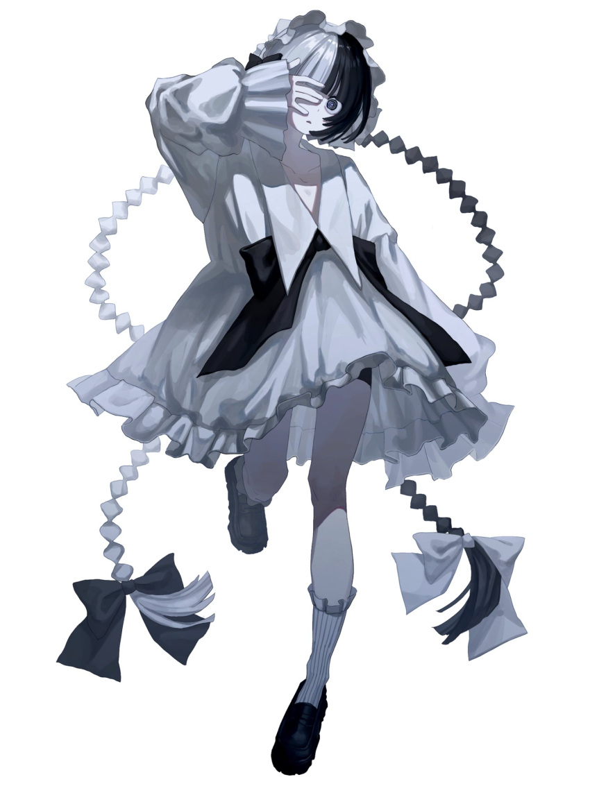 1girl arm_up black_bow black_eyes black_footwear black_hair blunt_bangs bow braid collarbone dress frilled_dress frills full_body grey_socks hair_bow highres loafers long_hair long_sleeves looking_at_viewer multicolored_hair multiple_hair_bows ninomae_(nnme_618) open_mouth original shoes simple_background socks solo split-color_hair standing standing_on_one_leg twin_braids two-tone_hair very_long_hair white_background white_bow white_dress white_hair white_socks