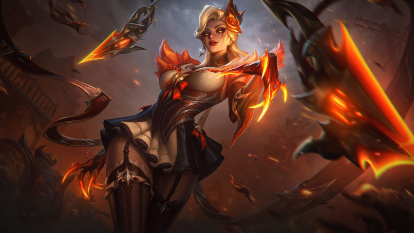 1girl absurdres artist_request claw_(weapon) claws copyright_request crystal_tail dress evelynn_(league_of_legends) eyeshadow flower high_noon_(league_of_legends) high_noon_evelynn_(league_of_legends) highres lashers league_of_legends makeup rose thigh-highs tinted_eyewear weapon white_hair