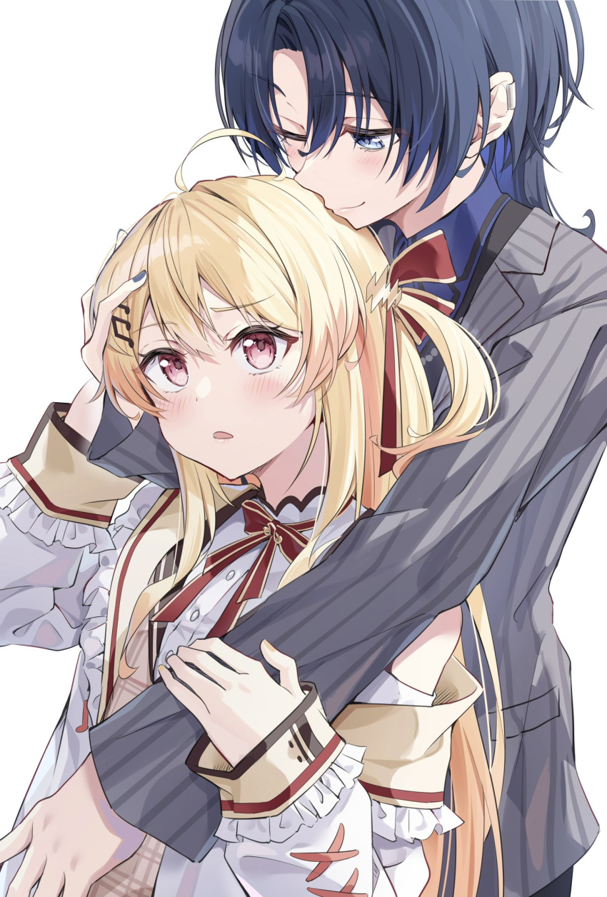 2girls ahoge blonde_hair blue_eyes blue_hair blue_nails blue_shirt blush brown_dress collared_shirt commentary double-parted_bangs dress earclip frilled_dress frilled_jacket frills grey_jacket hair_between_eyes hair_ornament hand_on_another's_arm hand_on_another's_head highres hiodoshi_ao hololive hololive_dev_is hug hug_from_behind jacket lapels long_hair looking_down looking_up medium_hair multiple_girls musical_note musical_note_hair_ornament muyamii neck_ribbon notched_lapels one_eye_closed one_side_up open_mouth otonose_kanade pinstripe_jacket pinstripe_pattern plaid plaid_dress red_eyes red_ribbon ribbon shirt simple_background smile standing striped_clothes striped_jacket suit_jacket upper_body vertical-striped_clothes vertical-striped_jacket virtual_youtuber white_background white_jacket yellow_nails