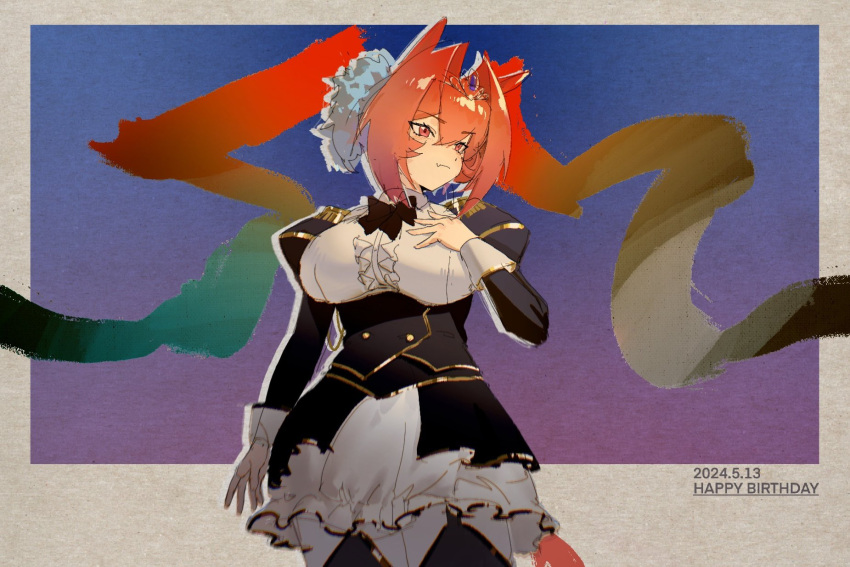 1girl alternate_hair_color animal_ears breasts closed_mouth corset daiwa_scarlet_(umamusume) dress fang frills gradient_hair hair_between_eyes hair_intakes hair_ornament hand_on_own_chest highres horse_ears horse_girl large_breasts long_hair long_sleeves looking_to_the_side multicolored_hair orange_hair puffy_sleeves red_eyes redhead ribbon skirt solo tail thigh-highs tiara twintails umamusume utsuru4 very_long_hair