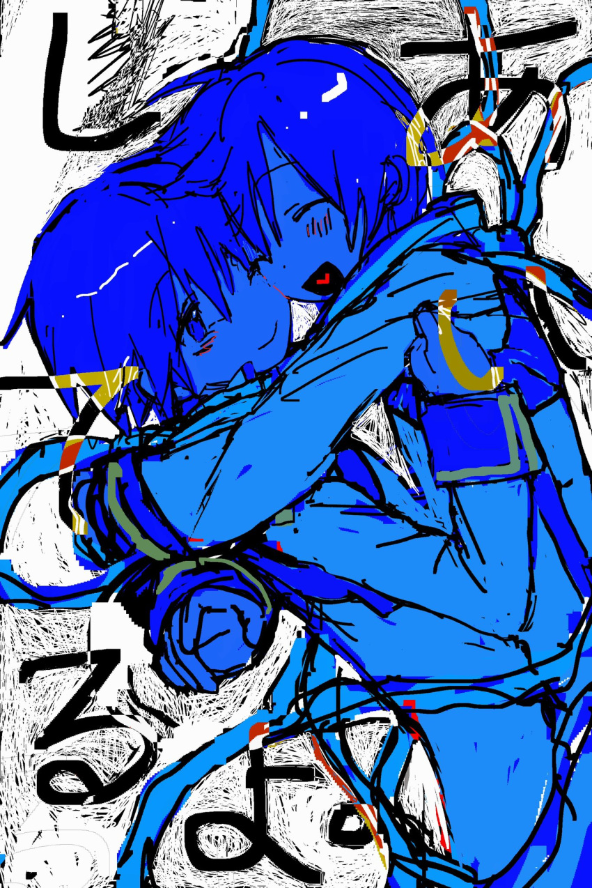 2boys arms_around_neck blue_coat blue_eyes blue_hair blue_scarf blue_skin blue_theme blush clone closed_eyes coat colored_skin dutch_angle hand_on_another's_shoulder happy heart heart_in_mouth highres hug kaito_(vocaloid) looking_at_another male_focus mnkurooo multiple_boys one_eye_closed open_mouth scarf sleeve_cuffs smile translated upper_body vocaloid white_background