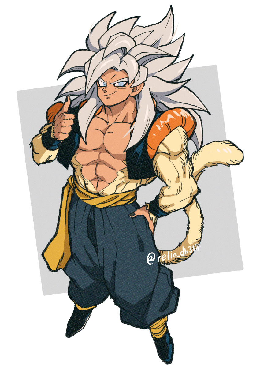 1boy absurdres biceps black_wristband blue_eyes body_fur dragon_ball dragon_ball_gt gogeta highres looking_at_viewer male_focus metamoran_vest monkey_boy monkey_tail muscular muscular_male no_nipples official_alternate_color official_alternate_hair_color pants pectorals relio_db318 sash simple_background smile solo spiky_hair super_saiyan super_saiyan_4 tail veins veiny_hands