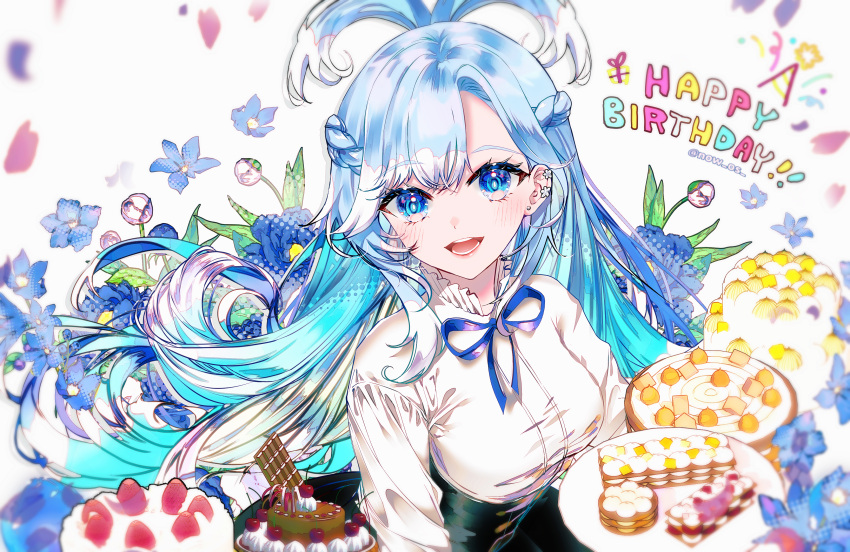 1girl absurdres alternate_costume blue_eyes blue_hair blue_ribbon blush braid cake colored_tips commentary earclip earrings english_commentary flower food french_braid half_updo happy_birthday high-waist_skirt high_ponytail highres holding holding_tray hololive hololive_indonesia jewelry kobo_kanaeru long_hair long_sleeves looking_at_viewer multicolored_hair neck_ribbon open_mouth ribbon ringed_eyes shirt skirt smile solo sowon split_ponytail tray two-tone_hair upper_body virtual_youtuber white_hair white_shirt