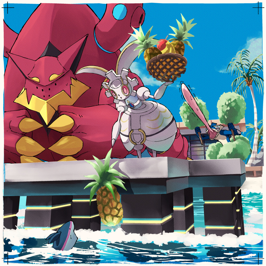 banana basket claws clouds commentary_request day finneon fish food fruit greninja highres holding how_long looking_down magearna no_humans outdoors palm_tree pineapple pokemon pokemon_(creature) sky tongue tree trembling volcanion water