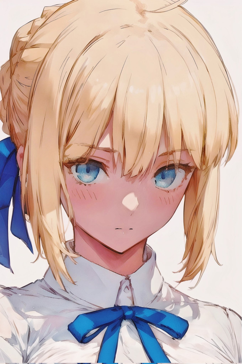 1girl ahoge ai-generated artoria_pendragon_(fate) blonde_hair blue_ribbon blush braid braided_bun closed_mouth collared_shirt colored_eyelashes crown_braid double-parted_bangs em_iy_as eyelashes eyes_visible_through_hair fate/stay_night fate_(series) grey_background hair_between_eyes hair_bun hair_ribbon hashtag-only_commentary highres long_bangs looking_at_viewer neck_ribbon portrait ribbon saber_(fate) shirt sidelocks simple_background solo white_shirt