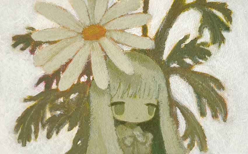 1girl blunt_bangs closed_mouth collared_dress dot_nose dress expressionless flower green_eyes grey_dress grey_hair highres ju6mei long_hair mini_person minigirl no_pupils no_sclera original painting_(medium) solo traditional_media upper_body white_background white_flower
