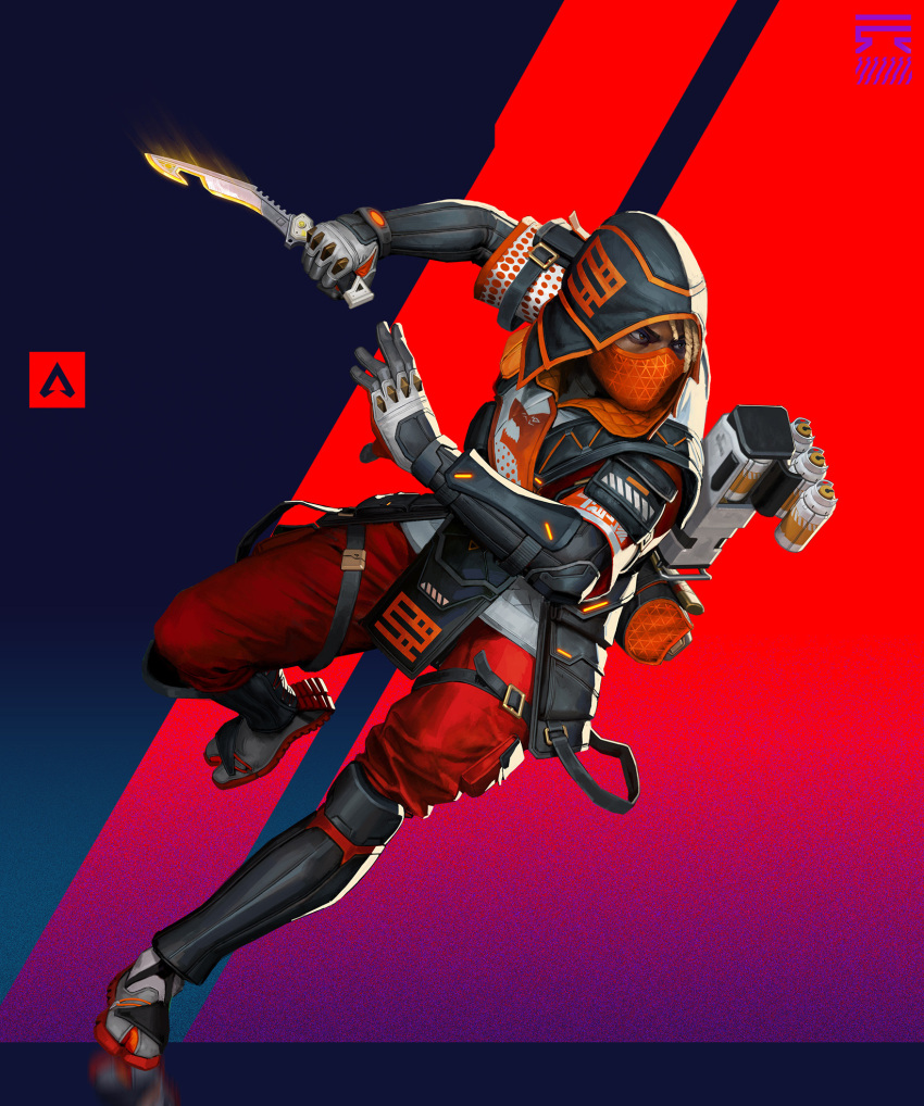 1girl apex_legends bangalore_(apex_legends) blonde_hair brown_eyes cold_steel_(apex_legends) dark-skinned_female dark_skin dreadlocks english_commentary gloves grey_footwear grey_gloves highres holding holding_knife hood hood_up jude_smith knife kukri looking_to_the_side mask mouth_mask ninja official_alternate_costume official_art pants red_pants sand_and_rust_bangalore shoes shoulder_cannon smoke_grenade sneakers solo