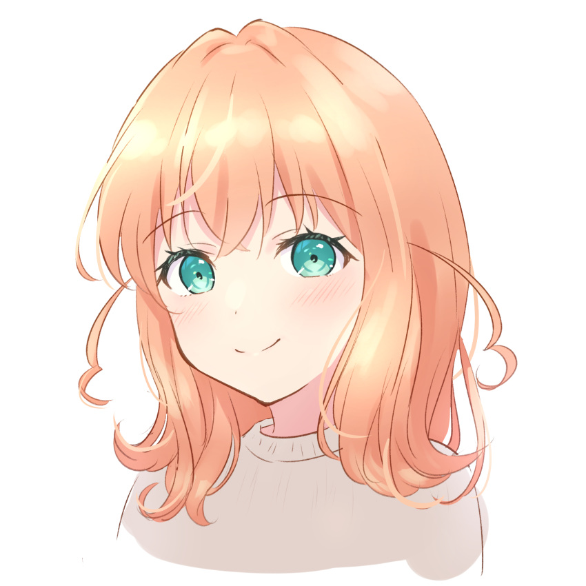 1girl aqua_eyes blush brown_sweater closed_mouth cropped_torso crossed_bangs highres hinoshita_kaho link!_like!_love_live! looking_at_viewer love_live! medium_hair orange_hair simple_background smile solo split_mouth sweater two_side_up virtual_youtuber white_background yutuki_ame