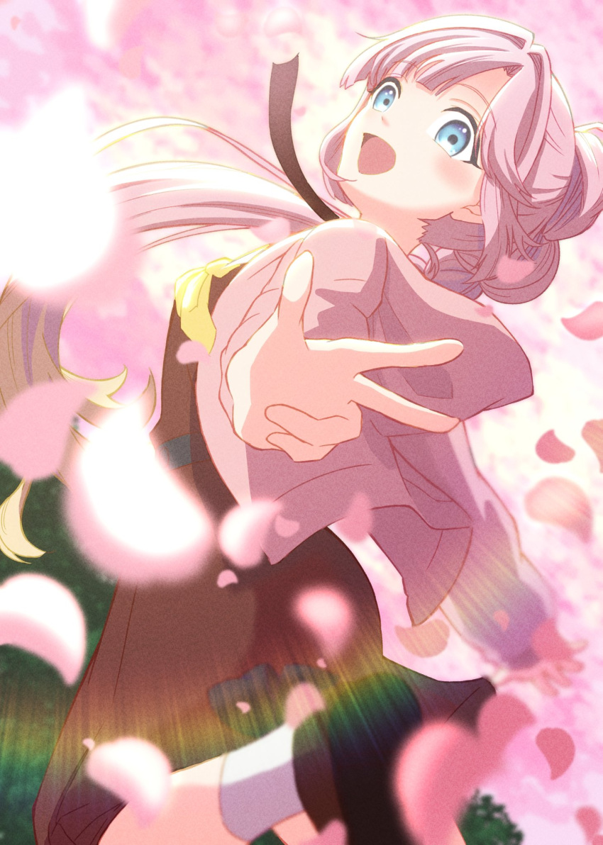 1girl :d anyoji_hime black_ribbon blonde_hair blue_eyes brown_dress cherry_blossoms dress falling_petals film_grain floating_hair foot_out_of_frame foreshortening from_side gradient_hair hair_ribbon hasu_no_sora_school_uniform highres jacket jumping lens_flare link!_like!_love_live! long_hair long_sleeves looking_at_viewer looking_to_the_side love_live! medium_dress multi-tied_hair multicolored_hair nanase_itsuki neckerchief open_clothes open_jacket open_mouth outstretched_arms petals pink_hair pink_jacket pink_petals ponytail ribbon sailor_collar sailor_dress school_uniform sidelocks smile socks solo very_long_hair virtual_youtuber w white_sailor_collar white_socks winter_uniform yellow_neckerchief
