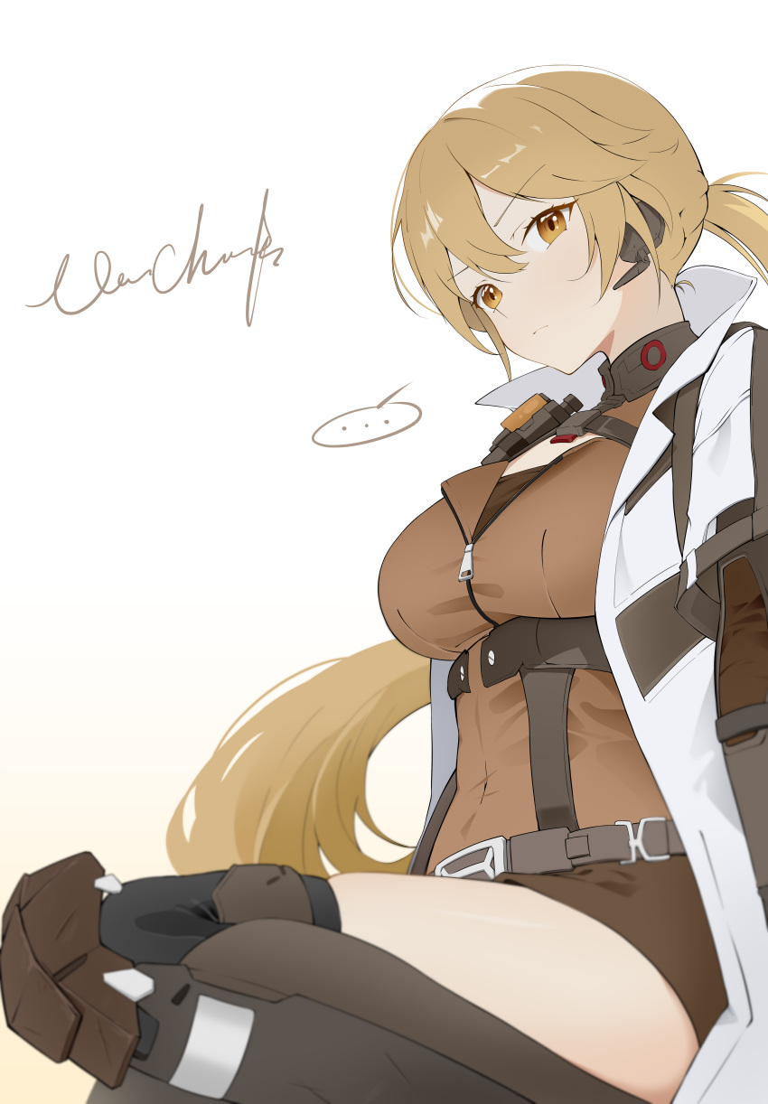 ... 1girl absurdres blonde_hair brown_shorts closed_mouth coat earpiece english_commentary girls'_frontline_2:_exilium girls_frontline gradient_background hair_between_eyes highres long_hair looking_at_viewer orange_eyes ots-14_(girls'_frontline) ponytail shorts simple_background sitting solo speech_bubble vinnie_cheeks white_coat