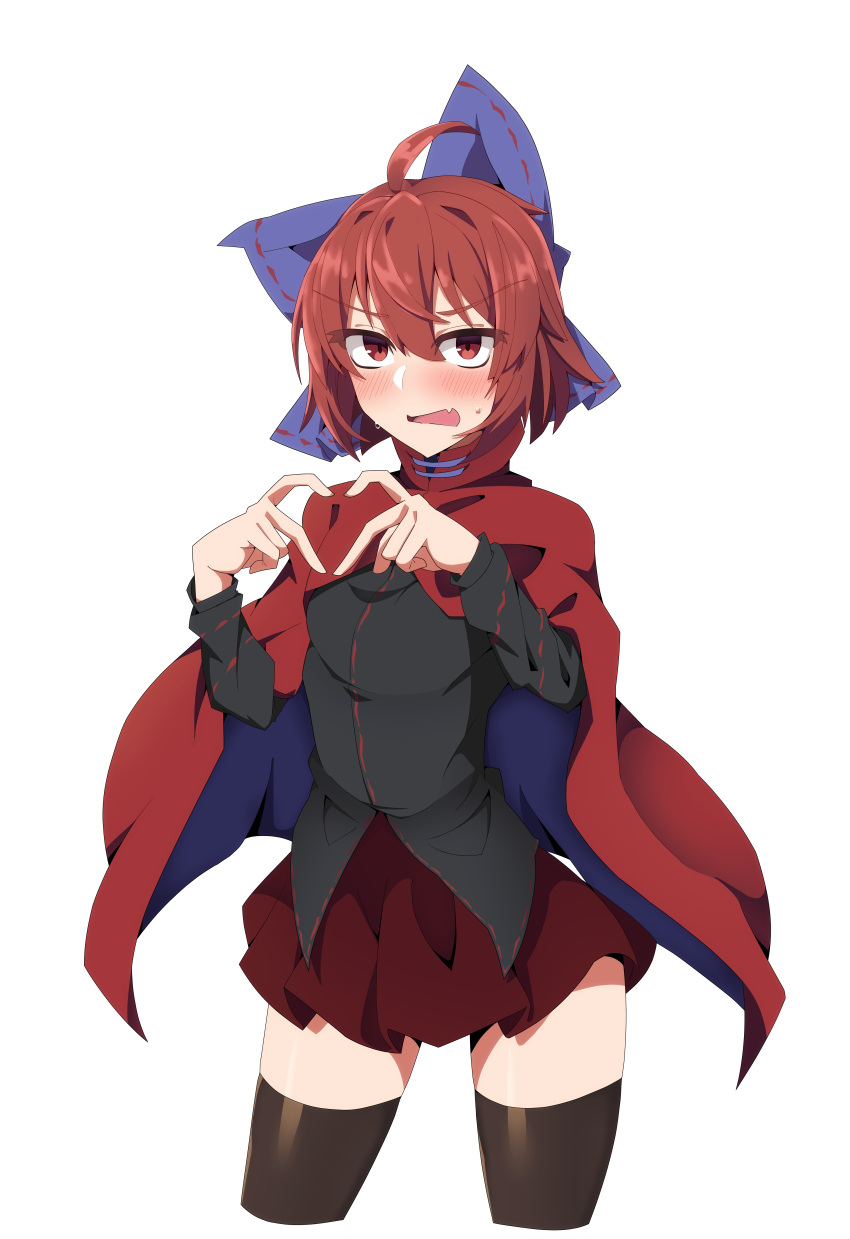 1girl absurdres agu_(antyosan) ahoge black_shirt black_thighhighs blush cloak cowboy_shot fang heart heart_hands highres long_sleeves looking_at_viewer open_mouth red_eyes red_skirt redhead sekibanki shirt simple_background skin_fang skirt solo sweat thigh-highs touhou v-shaped_eyebrows white_background