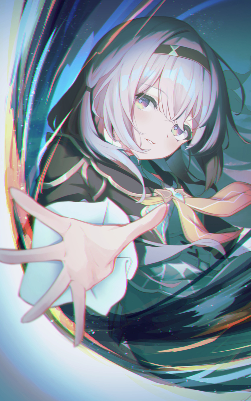 1girl absurdres amazumi black_jacket cropped_jacket firefly_(honkai:_star_rail) grey_hair hair_between_eyes hair_intakes hair_ornament hairband highres honkai:_star_rail honkai_(series) jacket long_hair long_sleeves looking_at_viewer neckerchief orange_neckerchief outstretched_hand parted_lips shirt solo upper_body white_shirt