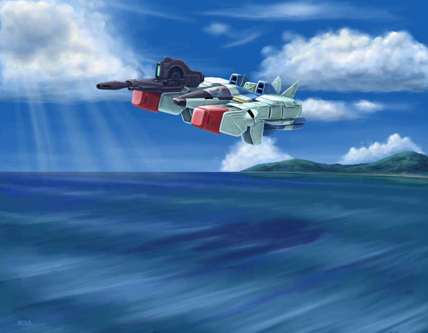 1boy beach beam_rifle canopy_(aircraft) clouds cockpit commentary_request core_fighter energy_gun flying gundam highres island light_rays looking_at_viewer motion_blur motion_lines mountain ocean science_fiction spacecraft starfighter sunbeam sunlight user_nmce3377 uso_ewin victory_gundam water weapon