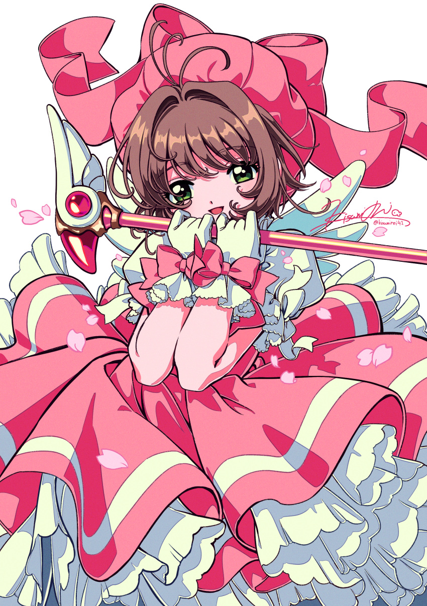 1girl :d absurdres antenna_hair bow brown_hair cardcaptor_sakura cherry_blossoms cowboy_shot dot_nose dress frills fuuin_no_tsue glove_bow gloves green_eyes hair_intakes hat hat_bow highres holding holding_wand kinomoto_sakura kinomoto_sakura_(magic_dream_costume) kisumi_rei looking_at_viewer magical_girl mob_cap open_mouth petals pink_bow pink_dress pink_hat puffy_sleeves short_hair signature simple_background smile solo standing wand white_background white_bow white_gloves white_wings wings