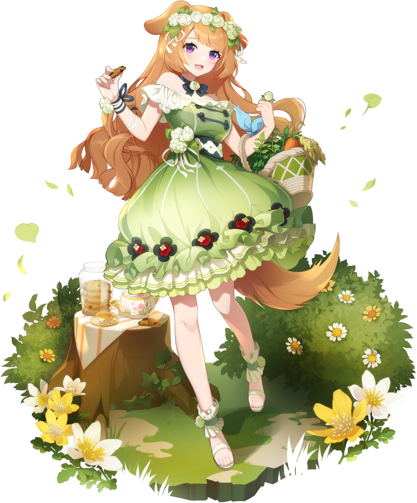 1girl :3 animal_ears bare_arms bare_legs bare_shoulders basket breasts bush clara_(eversoul) cookie cup dog_ears dog_girl dog_tail dress eversoul falling_leaves flower food full_body game_cg green_dress green_flower highres holding holding_basket holding_food leaf light_blush long_hair medium_breasts neck_ribbon non-web_source off_shoulder official_alternate_costume official_alternate_hairstyle official_art open_mouth orange_hair outdoors ribbon sandals sidelocks sleeveless solo standing tachi-e tail tea teacup transparent_background tree_stump vegetable violet_eyes white_flower white_footwear yellow_flower