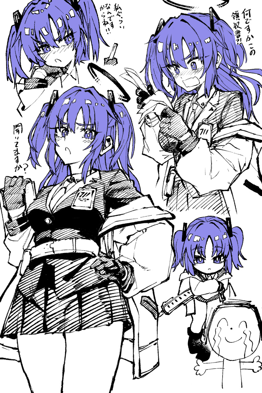 1boy 1girl black_halo blue_archive doodle_sensei_(blue_archive) greyscale gun halo highres id_card jacket jacket_partially_removed jazz_(fuukan) mechanical_halo monochrome purple_hair sensei_(blue_archive) sig_mpx submachine_gun translation_request triangle_hair_ornament two-sided_fabric two-sided_jacket violet_eyes weapon white_background yuuka_(blue_archive)