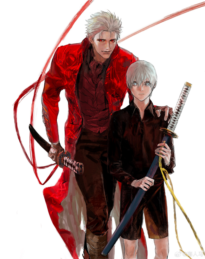 2boys absurdres aged_down aged_up black_gloves blue_coat blue_eyes closed_mouth coat devil_may_cry_(series) devil_may_cry_3 fingerless_gloves gloves hai_ren_ma hair_down hair_slicked_back highres holding holding_weapon katana looking_at_viewer male_focus multiple_boys solo sword vergil_(devil_may_cry) weapon white_hair yamato_(sword)