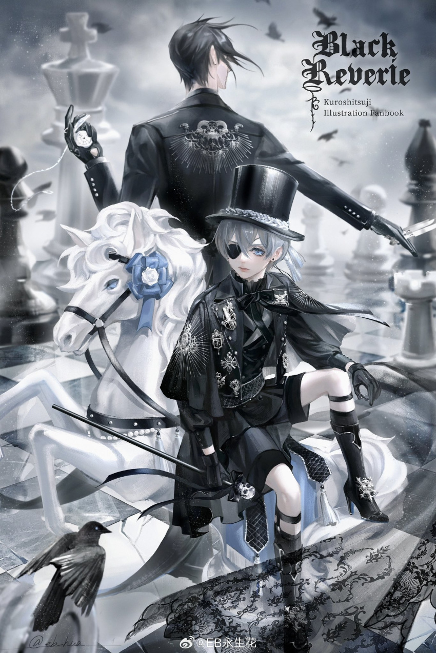 2boys badge belt bird bishop_(chess) bishounen black_capelet black_footwear black_gloves black_hair black_headwear black_jacket black_shorts black_skirt blue_eyes blue_hair blue_ribbon board_game boots buttons capelet checkered_floor chess chess_piece ciel_phantomhive copyright_name cover cover_page crow earrings eb016 eyepatch facing_away from_behind gloves goth_fashion hat highres holding holding_clock horse jacket jewelry king_(chess) kuroshitsuji looking_at_viewer male_focus multiple_boys pawn_(chess) pleated_skirt print_jacket ribbon rook_(chess) sebastian_michaelis short_hair shorts sitting skirt thigh_strap top_hat victorian white_horse