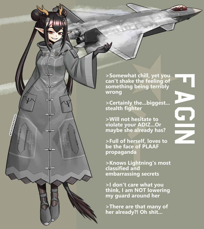 1girl absurdres aircraft airplane canards coat english_commentary english_text fangs fighter_jet full_body grey_background grey_coat grey_footwear highres horns j-20 jet long_sleeves military_vehicle original pandramodo parted_lips people's_liberation_army people's_liberation_army_air_force personification pointy_ears simple_background smile solo standing tail teeth
