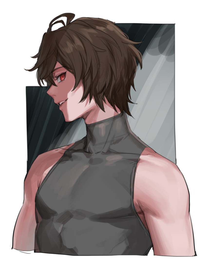1boy ahoge bare_shoulders brown_hair commentary commentary_request empty_eyes evil_smile from_side granblue_fantasy grey_background grey_shirt hair_between_eyes highres looking_at_viewer male_focus messy_hair multicolored_background parted_lips portrait red_eyes sandalphon_(granblue_fantasy) shirt short_hair sleeveless sleeveless_turtleneck smile solo tki turtleneck white_background