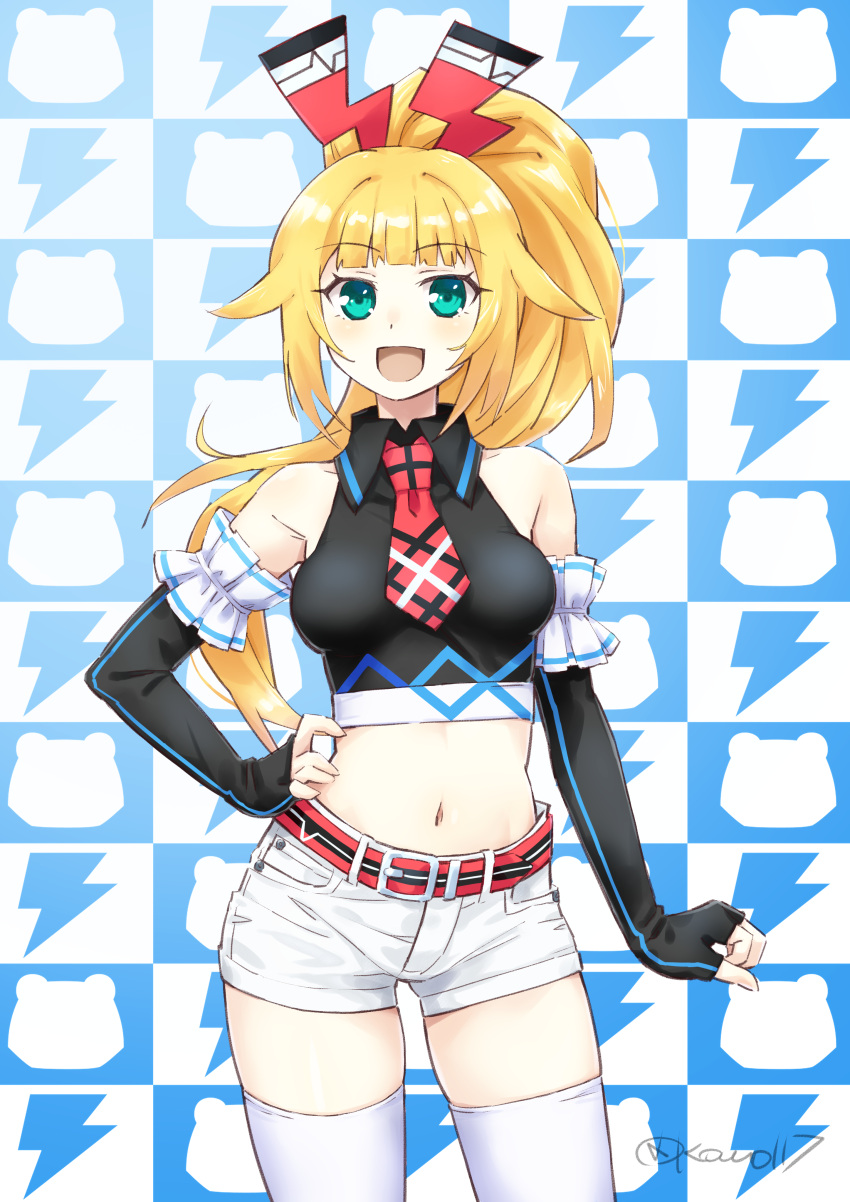 1girl :d absurdres arm_behind_back bare_shoulders belt black_gloves black_shirt blonde_hair breasts checkered_background clenched_hand collared_shirt commentary_request commission cowboy_shot crop_top dengekiko elbow_gloves fingerless_gloves gloves green_eyes hair_ornament hand_on_own_hip happy highres hip_focus kow_(kow0117) legs_apart long_hair medium_breasts midriff navel necktie neptune_(series) pixiv_commission ponytail red_belt red_necktie shirt short_shorts shorts sleeveless sleeveless_shirt smile sofmap_background solo step_and_repeat striped_belt thigh-highs thighs very_long_hair white_shorts