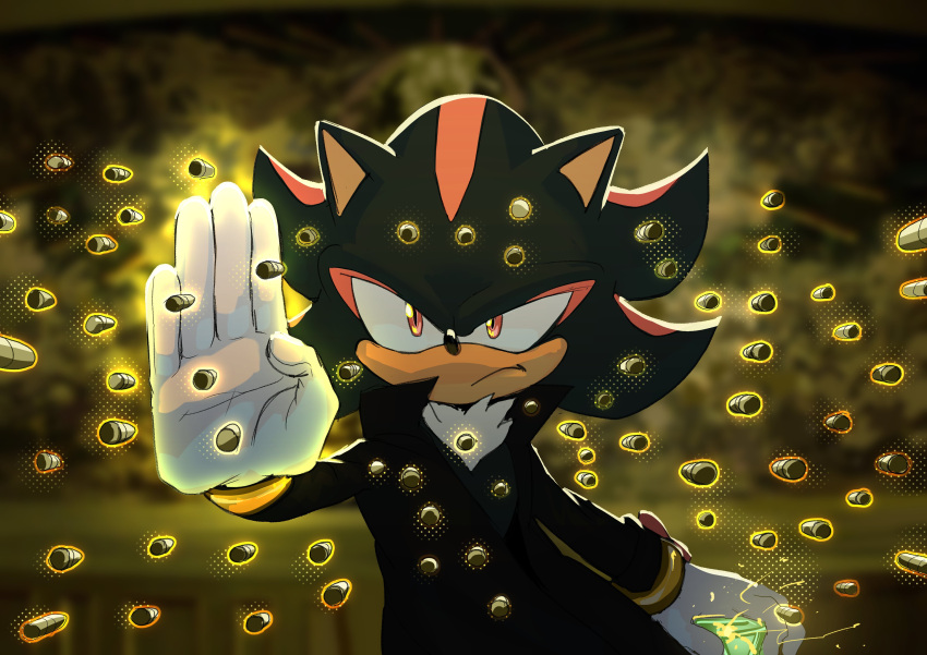 1boy absurdres animal_ears animal_nose bullet closed_mouth commentary english_commentary furry furry_male gloves highres keanu_reeves male_focus neo_(the_matrix) open_hand red_eyes scene_reference shadow_the_hedgehog shirotani solo sonic_(series) the_matrix upper_body voice_actor_connection white_gloves