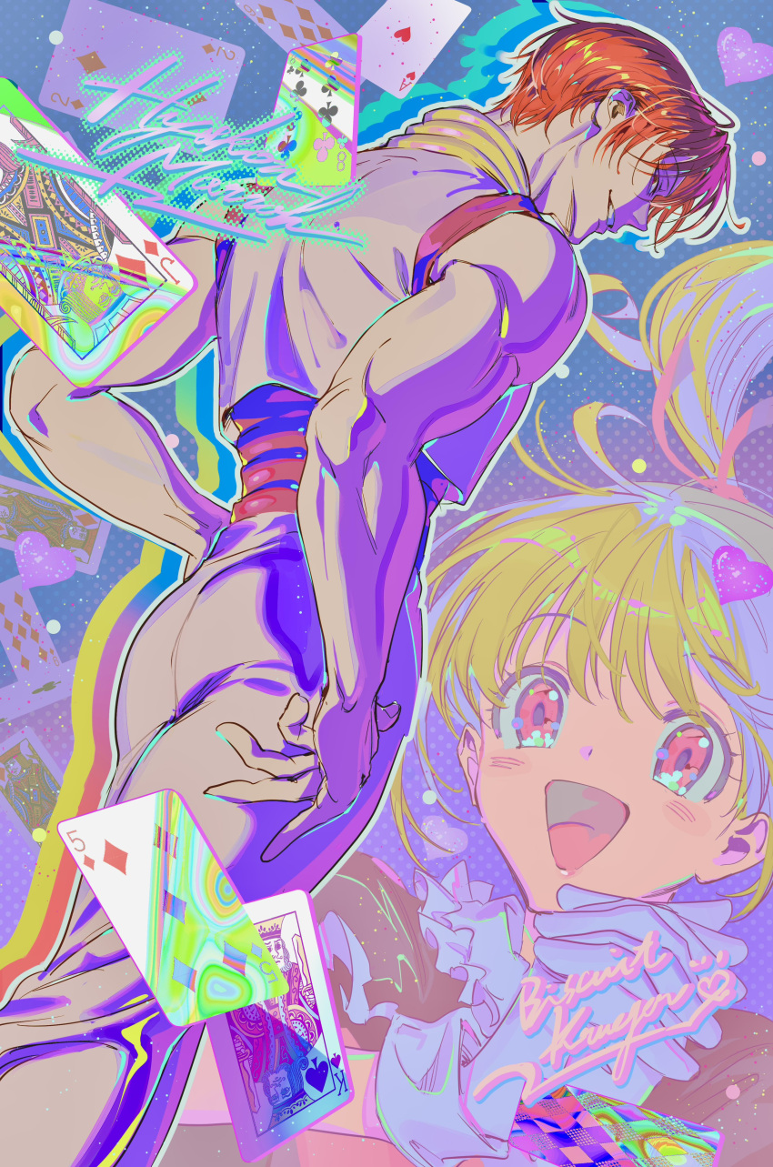 1boy 1girl absurdres bare_shoulders bikkusama biscuit_krueger blonde_hair blush colorful commentary commentary_request from_behind from_below hair_floating_upwards hand_on_own_hip heart_pin highres hisoka_morow hunter_x_hunter looking_at_viewer multicolored_background open_mouth own_hands_together pants parted_lips poker red_eyes redhead shirt smile smirk teeth toned toned_male tongue white_pants white_shirt