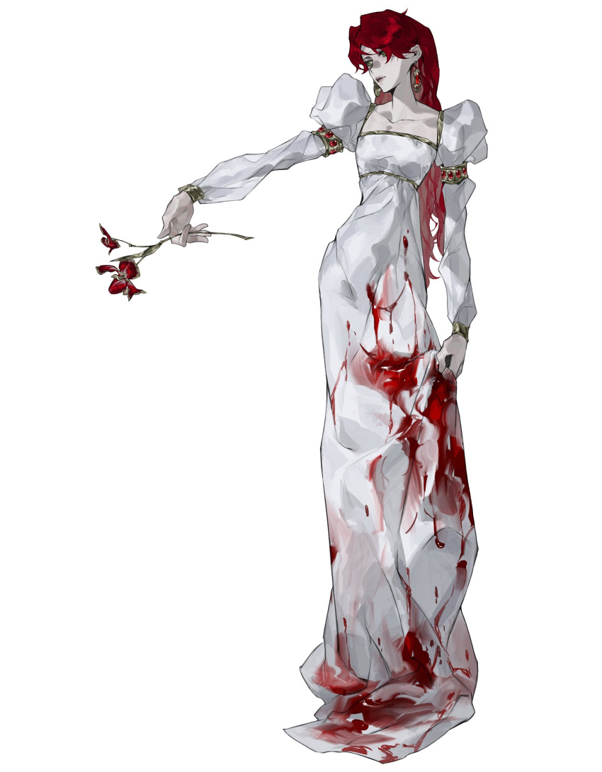 1girl blood blood_on_clothes blood_splatter bracelet dress earrings flower gem h8_syy highres holding holding_flower jewelry looking_at_object original pale_skin red_flower redhead solo white_dress yellow_eyes
