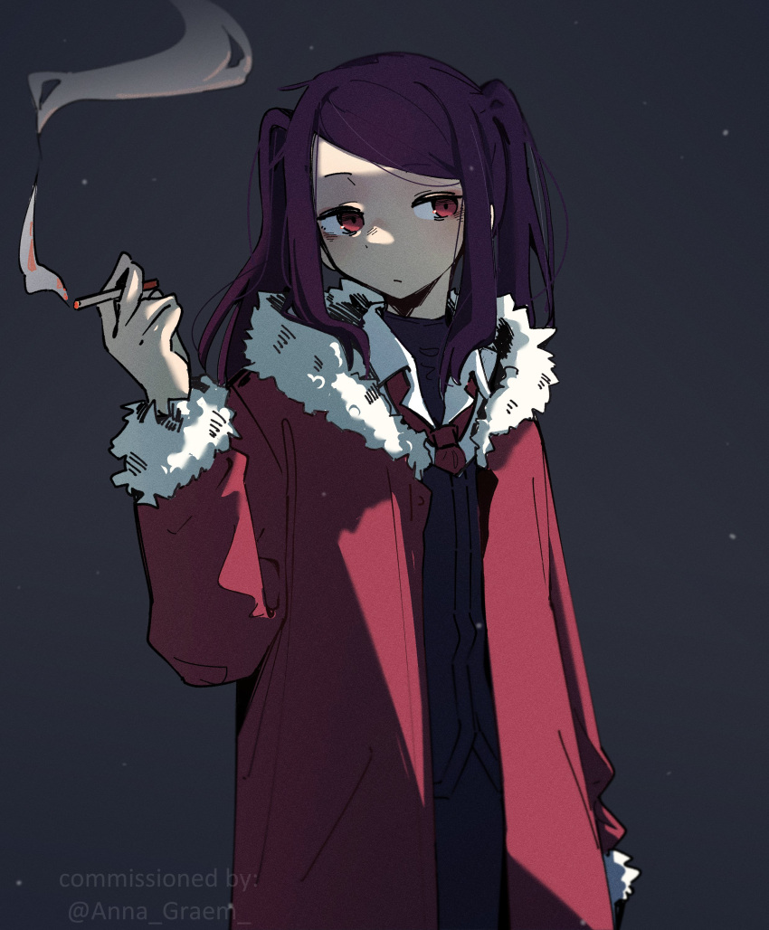 1girl absurdres black_background cigarette commission fur-trimmed_jacket fur_trim hair_intakes highres holding holding_cigarette jacket jill_stingray long_hair machuuu68 necktie open_clothes open_jacket purple_hair red_necktie simple_background twintails twitter_username va-11_hall-a violet_eyes