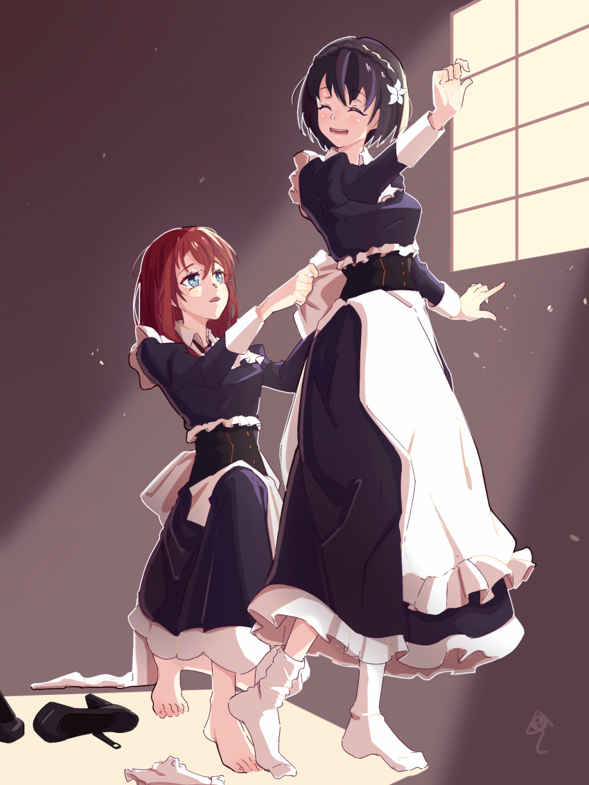 2girls apron barefoot black_dress black_footwear black_hair blue_eyes closed_eyes commentary dress dressing_another flower hair_down hair_flower hair_ornament high_heels highres ilia_coral indoors juliet_sleeves kneeling lainie_cyan light_particles light_rays long_hair long_sleeves looking_at_another maid maid_apron medium_hair multiple_girls no_shoes parted_lips puffy_sleeves redhead shoes smile snow_hawkeye socks sunbeam sunlight tensei_oujo_to_tensai_reijou_no_mahou_kakumei unworn_shoes unworn_socks white_apron white_flower white_socks window