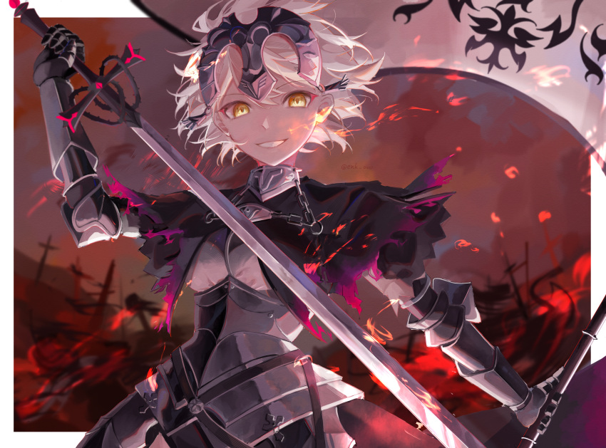 1girl absurdres armor armored_dress banner black_cape breasts cape chain fate/grand_order fate_(series) faulds fire flag fur-trimmed_cape fur_trim gauntlets headpiece highres holding holding_flag jeanne_d'arc_alter_(avenger)_(fate) jeanne_d'arc_alter_(avenger)_(first_ascension)_(fate) jeanne_d'arc_alter_(fate) large_breasts looking_at_viewer plackart short_hair smile solo standard_bearer sword weapon white_flag white_hair xiao_yue_(3332ki) yellow_eyes