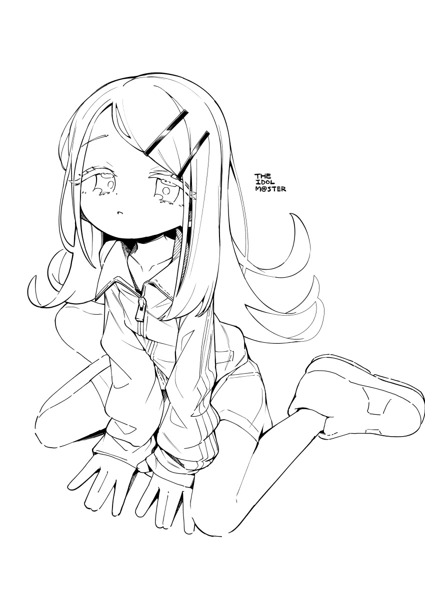 1girl \||/ absurdres arms_between_legs commentary copyright_name english_commentary flipped_hair full_body gakuen_idolmaster gym_uniform hair_ornament hairclip half-closed_eyes highres idolmaster jacket lineart long_hair long_sleeves looking_at_viewer moai_(more_e_4km) monochrome shinosawa_hiro shoes short_shorts shorts simple_background sitting sleeves_past_wrists sneakers solo swept_bangs tareme track_jacket wariza