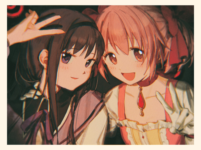 2girls akemi_homura black_hair blush chest_jewel choker gem gloves hair_ribbon hand_on_another's_shoulder highres kaname_madoka looking_at_viewer mahou_shoujo_madoka_magica multiple_girls open_mouth parted_lips pink_eyes pink_hair red_choker red_gemstone red_ribbon ribbon ruu_poppo sidelocks v v_over_head violet_eyes white_gloves