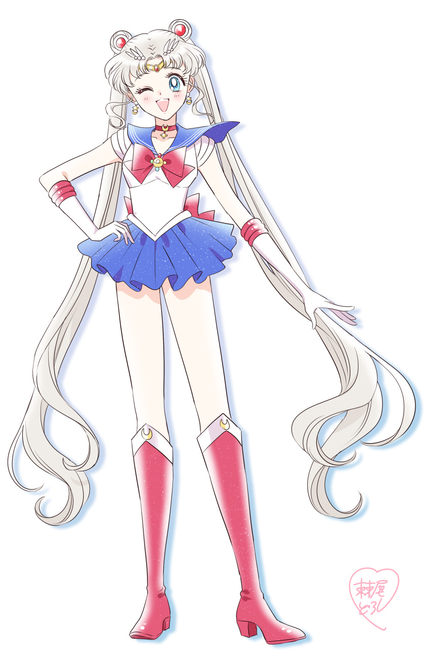 1girl ;d absurdres back_bow bishoujo_senshi_sailor_moon bishoujo_senshi_sailor_moon_(first_season) blue_eyes blue_sailor_collar blue_skirt blush boots bow choker circlet crescent_choker curly_sidelocks double_bun earrings elbow_gloves full_body gloves hair_bun hand_on_own_hip highres jewelry knee_boots legs_apart long_hair looking_at_viewer loveodoro magical_girl miniskirt official_alternate_hair_color official_style one_eye_closed open_mouth pleated_skirt red_bow red_choker red_footwear sailor_collar sailor_moon sailor_senshi_uniform signature simple_background skirt smile solo standing straight-on tachi-e takeuchi_naoko_(style) transformation_brooch_(sailor_moon) tsukino_usagi twintails white_background white_gloves white_hair