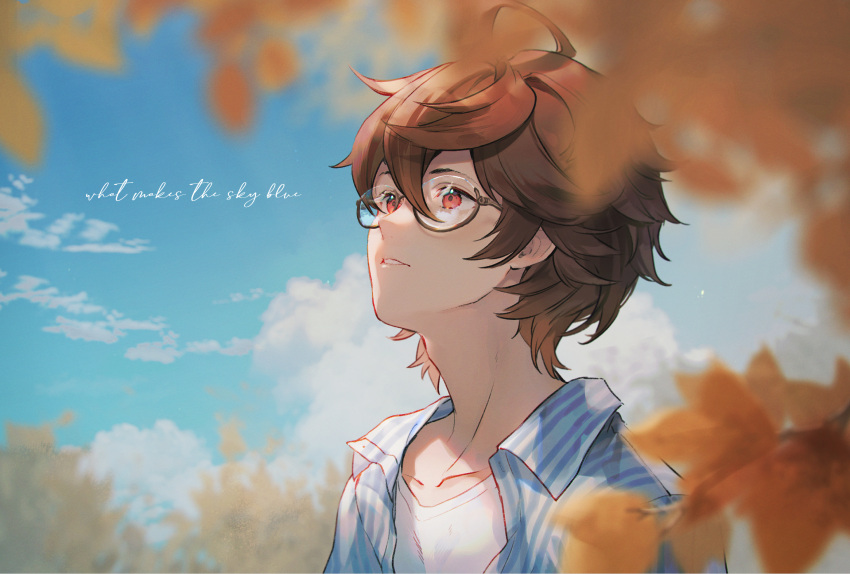 1boy ahoge autumn_leaves blue_jacket blue_sky blurry brown_hair clouds cloudy_sky commentary cropped_shoulders depth_of_field endend_(shinia) english_commentary english_text granblue_fantasy hair_between_eyes highres jacket leaf looking_up male_focus maple_leaf messy_hair official_alternate_costume parted_lips red_eyes round_eyewear sandalphon_(granblue_fantasy) shirt short_hair sky solo_focus striped_clothes striped_shirt tree vertical-striped_clothes vertical-striped_shirt white_shirt