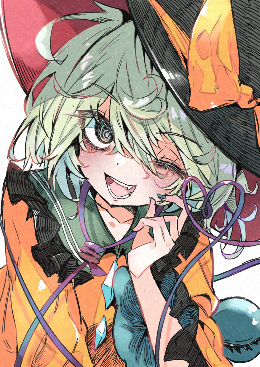 1girl ;d black_hat buttons deal360acv diamond_button frilled_shirt_collar frilled_sleeves frills green_eyes green_nails hair_between_eyes hand_up hashtag-only_commentary hat heart heart-shaped_pupils heart_of_string highres koishi_day komeiji_koishi long_sleeves looking_at_viewer medium_hair one_eye_closed open_mouth shirt simple_background smile solo symbol-shaped_pupils teeth touhou upper_body white_background yellow_shirt