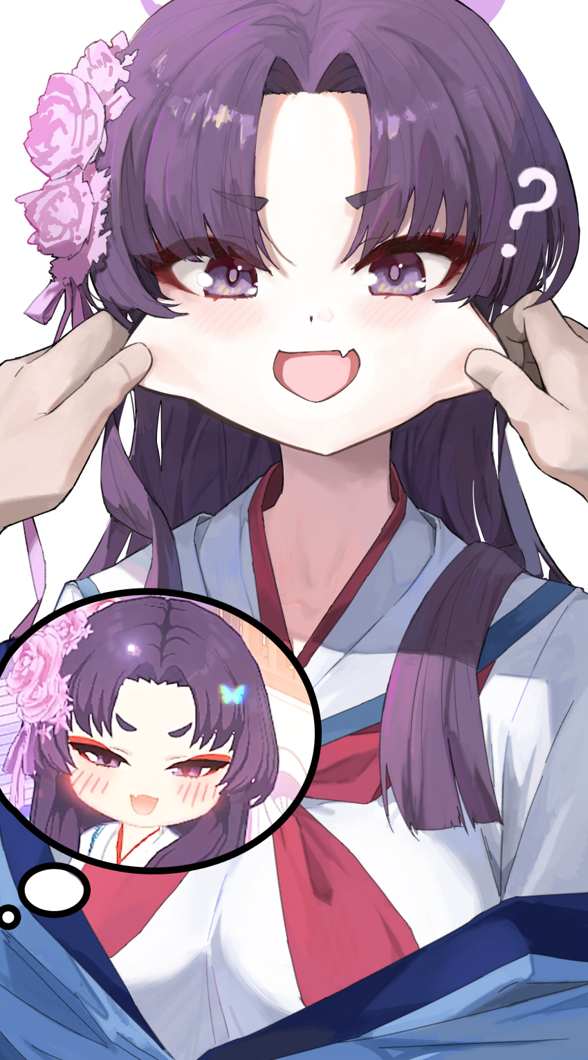 1-5iro 1girl 1other ? absurdres blue_archive blush breasts cheek_pull fang flower game_screenshot_inset hair_flower hair_ornament haori highres japanese_clothes large_breasts long_hair looking_at_viewer neckerchief open_mouth purple_flower purple_hair red_neckerchief sailor_collar school_uniform serafuku simple_background skin_fang solo_focus upper_body violet_eyes white_background white_sailor_collar yukari_(blue_archive)
