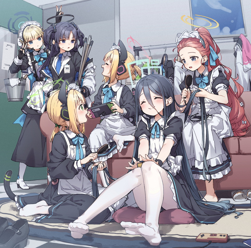 &lt;key&gt;_(robot)_(blue_archive) 6+girls absurdres adjusting_another's_hair animal_ear_headphones animal_ears apron aris_(blue_archive) aris_(maid)_(blue_archive) black_dress black_footwear blonde_hair blue_archive blue_eyes blue_halo bow bucket bun_cover cat_tail checkered_floor closed_eyes closed_mouth comb controller couch door double_v dress fake_animal_ears frilled_apron frills game_controller game_development_department_(blue_archive) green_eyes green_halo hair_bow hair_bun halo handheld_game_console headphones highres holding holding_bucket holding_comb holding_handheld_game_console indoors long_sleeves maid maid_apron maid_headdress mechanical_halo midori_(blue_archive) midori_(maid)_(blue_archive) momoi_(blue_archive) momoi_(maid)_(blue_archive) multiple_girls open_mouth pantyhose pink_halo purple_hair redhead shoes short_sleeves siblings single_hair_bun sisters sitting smile tail toki_(blue_archive) twins two_side_up unworn_footwear v violet_eyes white_apron white_bow white_pantyhose yellow_halo yukie_(kusaka_shi) yuuka_(blue_archive) yuzu_(blue_archive) yuzu_(maid)_(blue_archive)